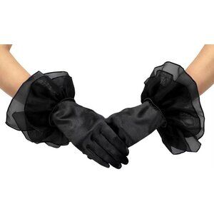 Women's Ruffled Evening Short Satin Formal Gloves Black Costume Accessories